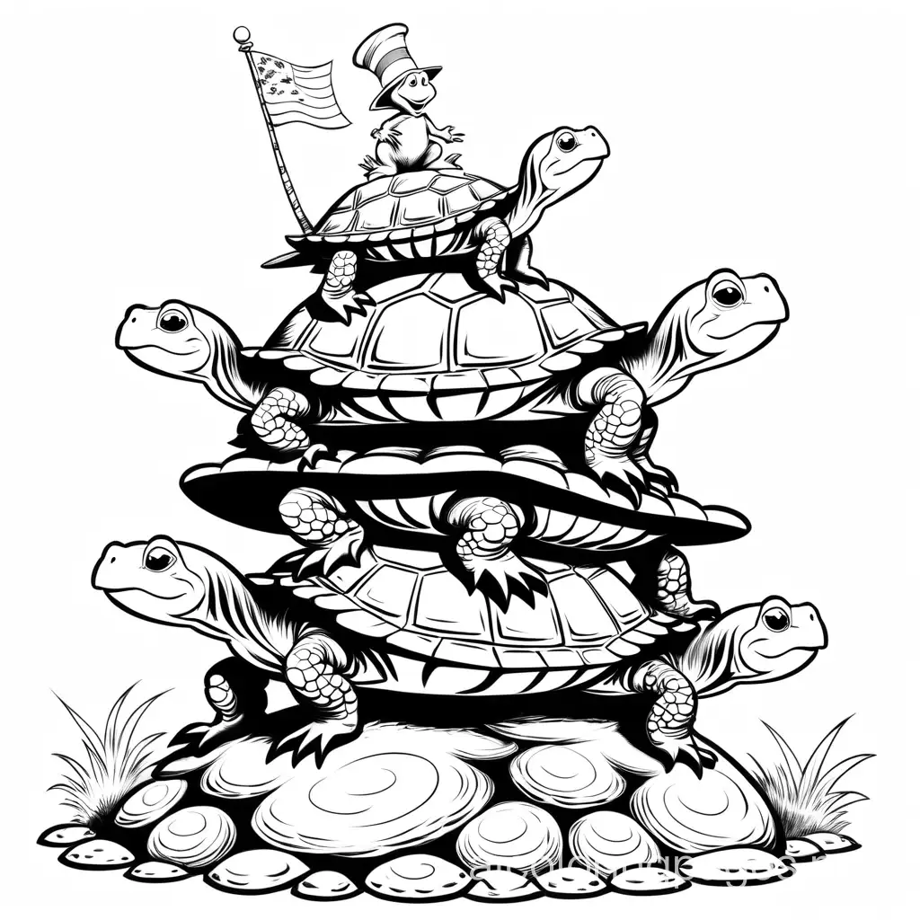 Yertle the Turtle  dr. Seuss atop his stack of turtles, overlooking his kingdom, Coloring Page, black and white, line art, white background, Simplicity, Ample White Space. The background of the coloring page is plain white to make it easy for young children to color within the lines. The outlines of all the subjects are easy to distinguish, making it simple for kids to color without too much difficulty
