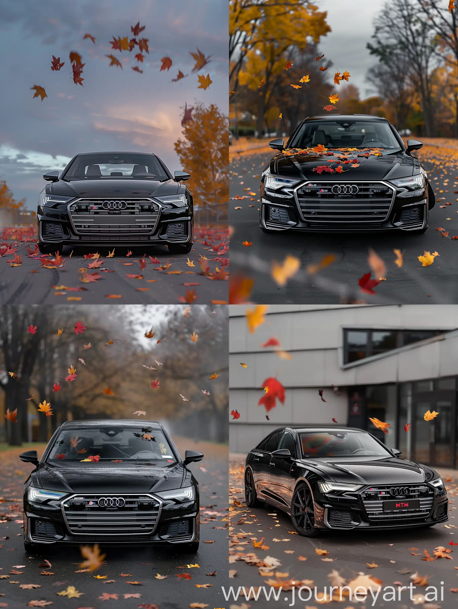 Pinterest style foto van audi s6 sedan 2020 facelift 5 doors in Helemaal zwart met herfst bladeren die vliegen door lucht op auto foto wallpaper MTM