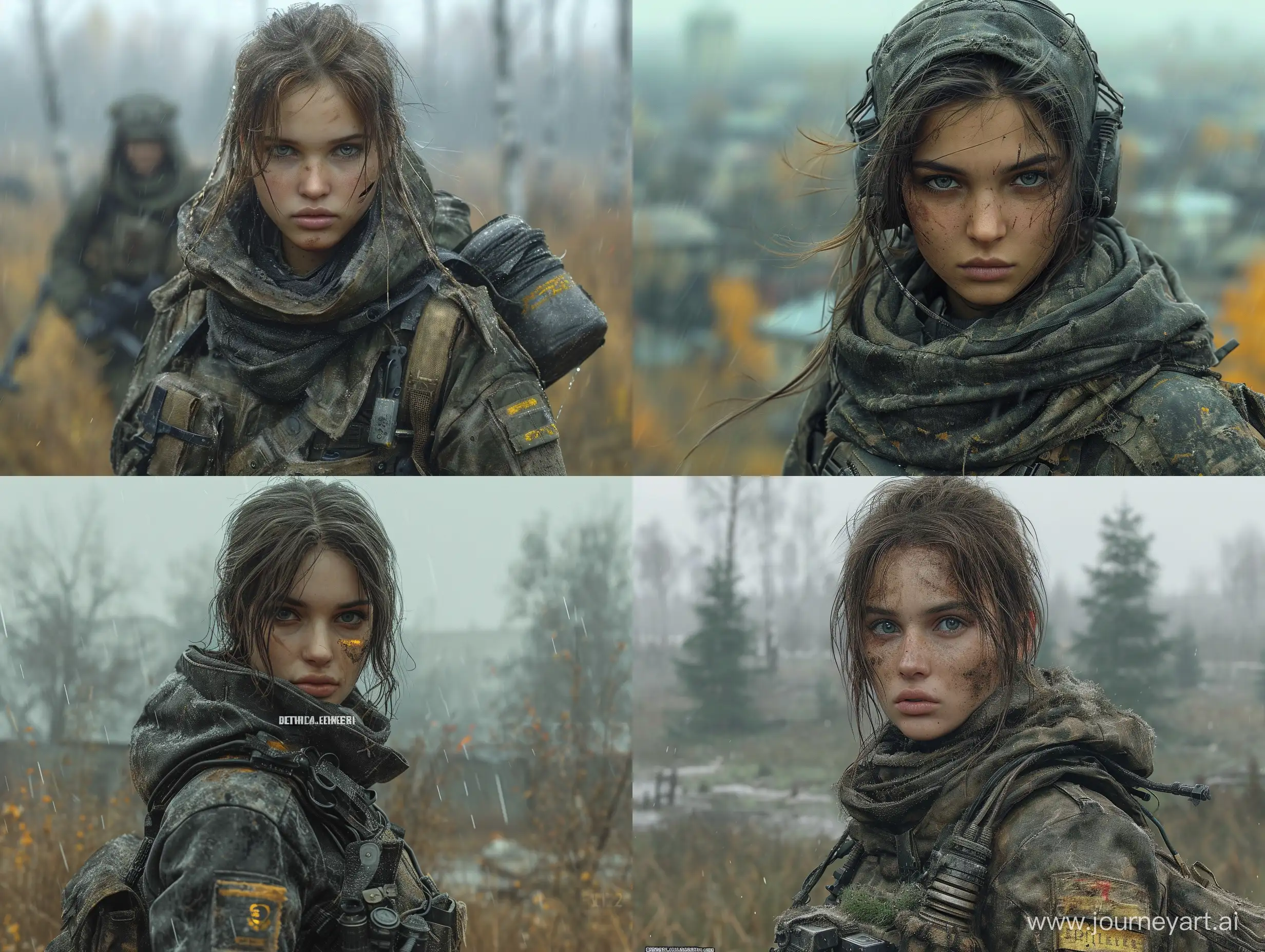Beautiful female mercenary in videogame S.T.A.L.K.E.R black tactical equipment dead city dead trees --s 800 --style raw --v 6
