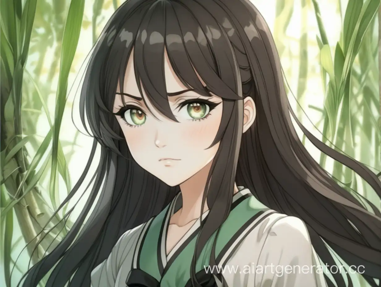 Anime-Portrait-of-a-Captivating-Girl-with-SwampColored-Eyes-and-Dark-Hair-on-Light-Background