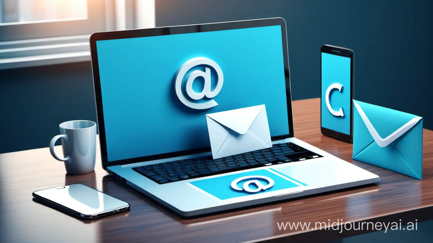 Laptop write contact us on the screen, email,  envelopes, standing mobile phone with call icon, on a modern table, high quality, detailed, 3D design, Colour different blue colors, Modern office room