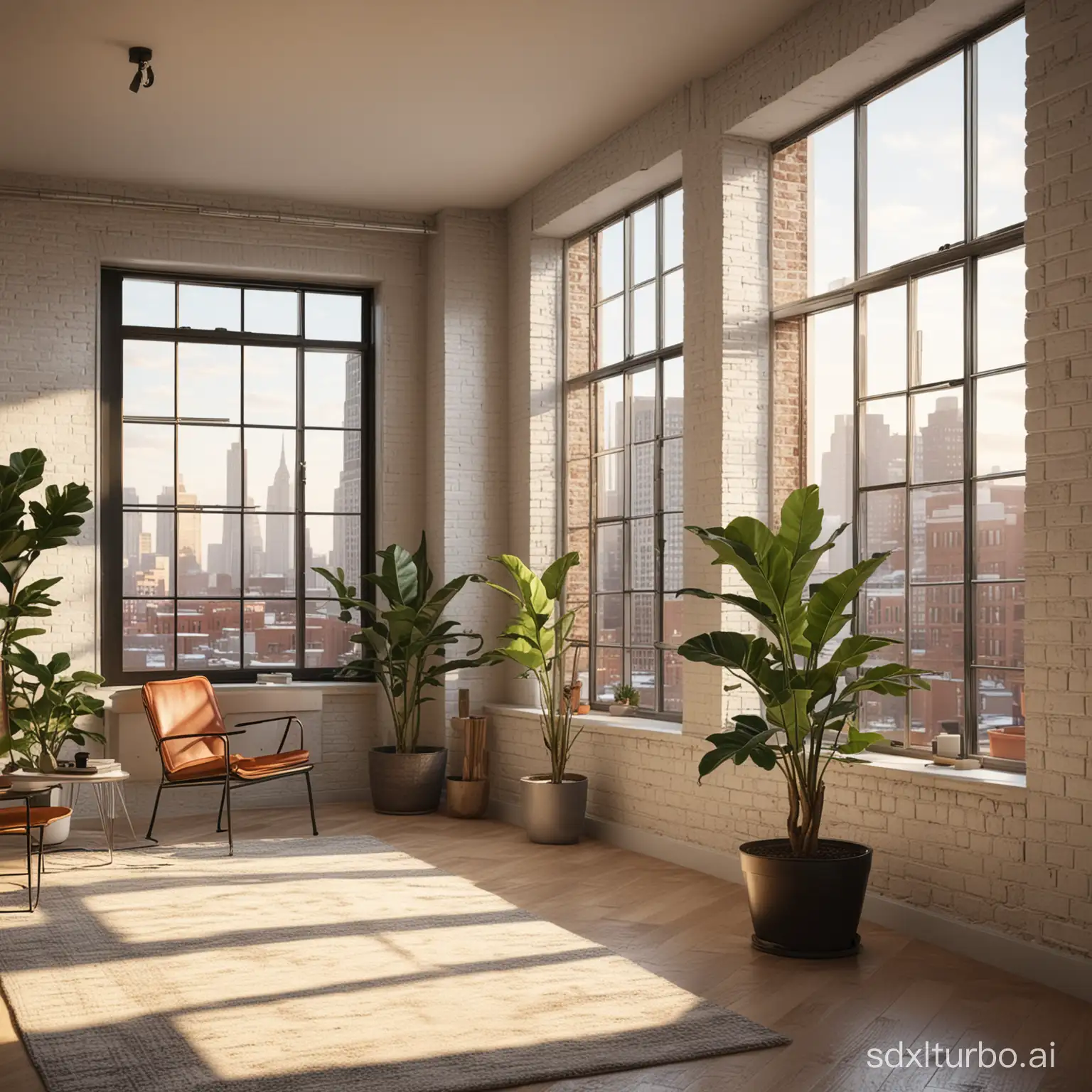 A photorealistic image of a spacious loft interior. The walls are exposed white brick with a slightly textured finish, some imperfections and subtle variations in color. Large windows with thin, black metal frames take up most of one wall, revealing a sprawling city landscape bathed in the warm glow of the setting sun. Skyscrapers pierce the twilight sky, their windows twinkling with life.  The room is sparsely furnished, with a focus on open space and natural light. In the foreground, a single large potted plant sits on a sleek, mid-century modern side table. The plant is a healthy Fiddle Leaf Fig with large, glossy leaves reaching towards the light filtering through the windows.
