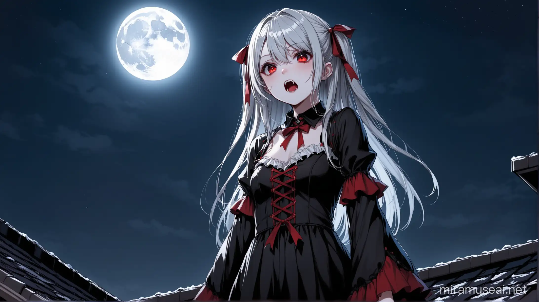 Aesthetic Chloe Sakamata a young and cute vampire girl, long silver hair and vampire fangs and red eyes standing on building rooftop, school grounds, low angle, from below, night, Dutch angle, full moon, high detail, best quality, detailed eyes, wearing a black outfit with detached sleeves, crazed expression, wide irises, cold expression, standing, full body, moonlight, two side up hairstyle