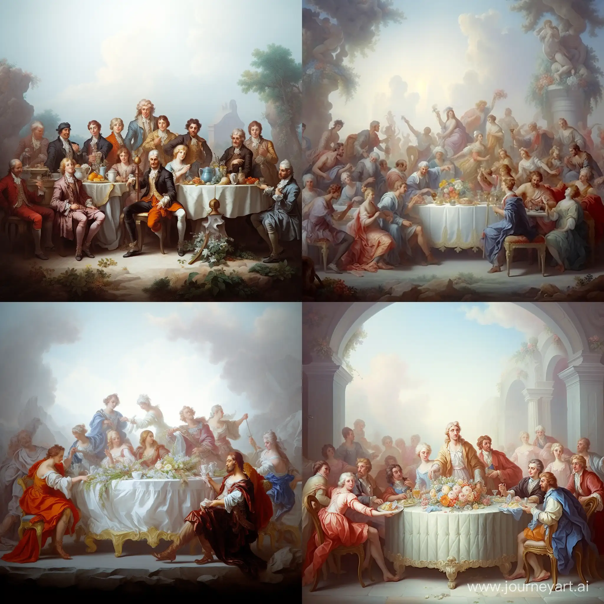 A painting depicting a painting of a large group of people, men dressed in suits and women dressed in Renaissance dresses!!!!!! they are sitting at a huge table , there are many plates of food on the table !!!!!! rococo art style, neoclassical painting, neoclassical painting, neoclassical painting, rococo painting inspired by Charles-Amedee-Philippe van Loo, allegorical painting, Noel Koipel art style, classicism of oil painting, epic style of Giovanni Paolo Panini, baroque painting