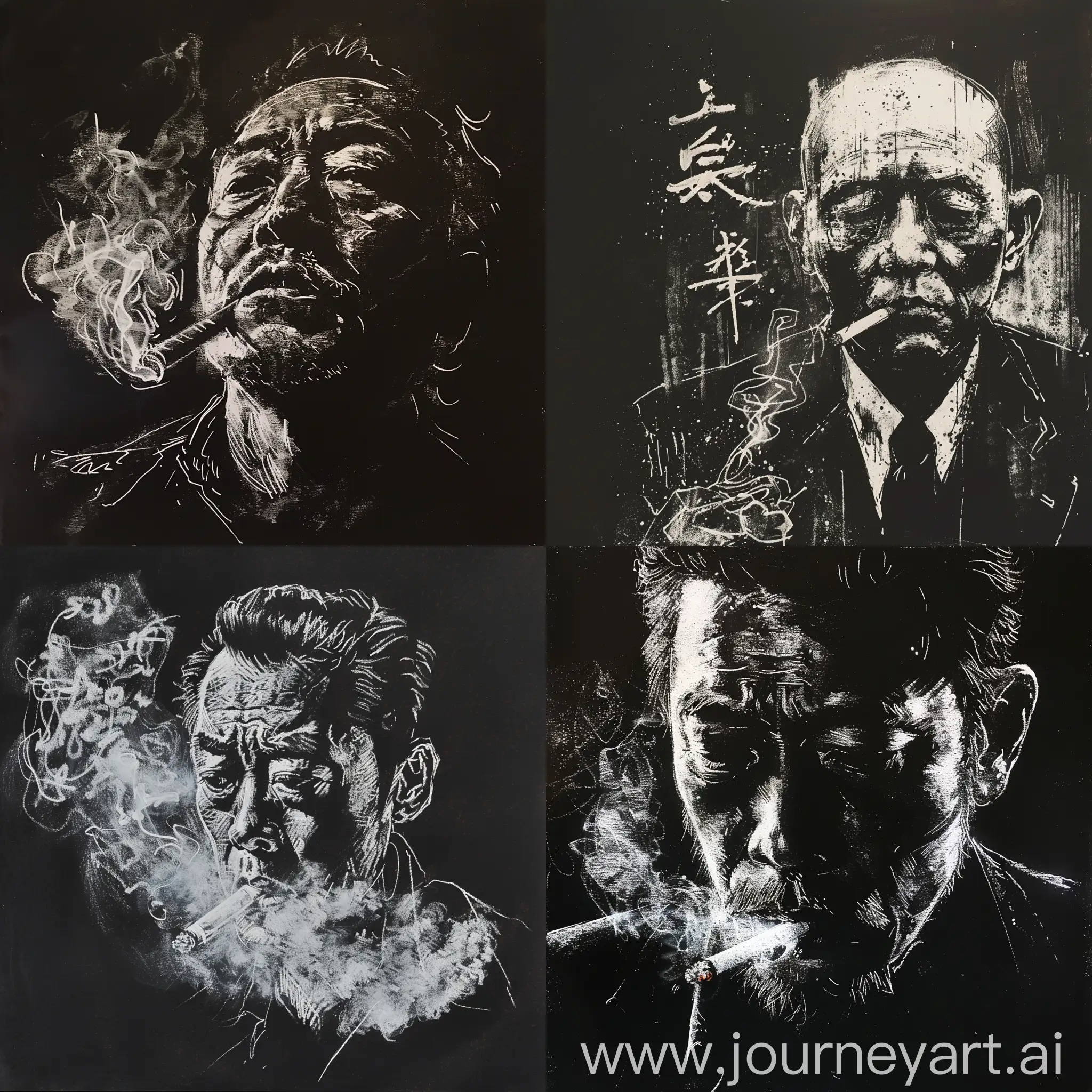 a sketch of "chinese triad member smoking in hong kong" by David Fincher, dry brush, white on black background 