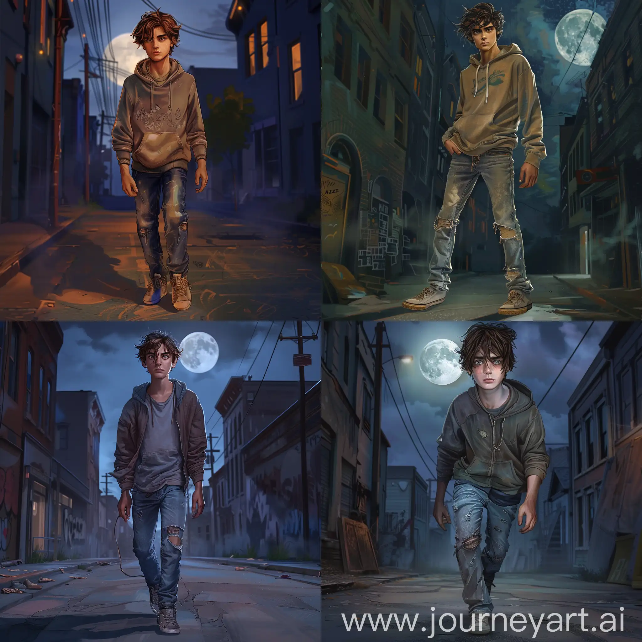 Create a hyper realistic image As the moon hangs low in the sky, casting eerie shadows across the deserted streets, Alex hurries home from his part-time job at the local diner. His hazel eyes gleam with a mix of curiosity and mischief, reflecting his adventurous spirit. With tousled brown hair that falls just above his ears, he embodies the essence of a typical teenager. His lean build, toned from years of playing sports and working part-time jobs, speaks volumes about his dedication and resilience. Clad in a worn-out hoodie, faded jeans, and scuffed sneakers, Alex's laid-back style complements the calmness of the night around him. In the backdrop of dimly lit alleyways and looming buildings, he appears as a solitary figure, a wanderer amidst the mysteries of his small town.