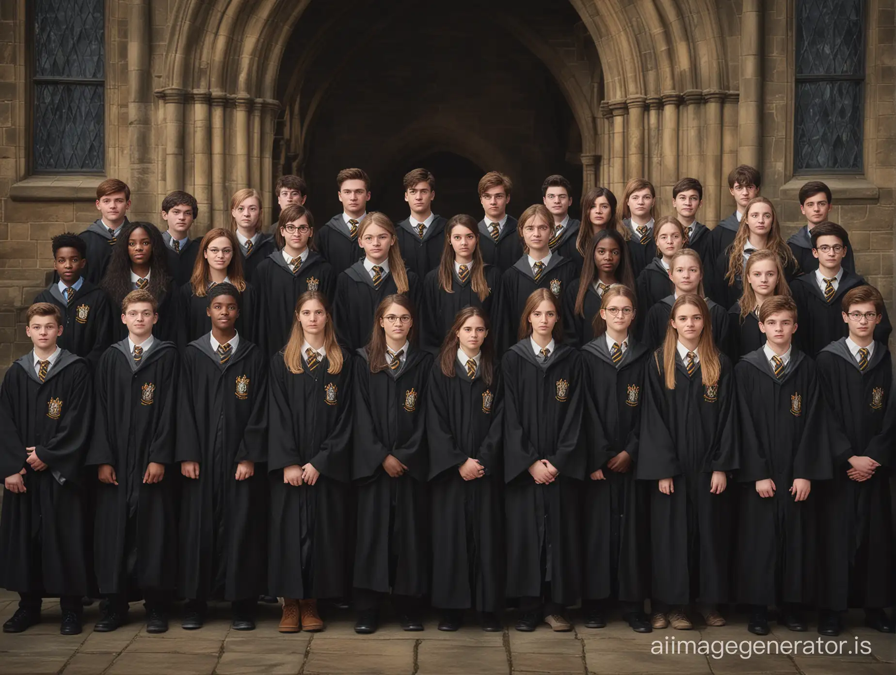 realistic class photo of 3 rows of a diverse group of teenagers in Hogwarts robes
