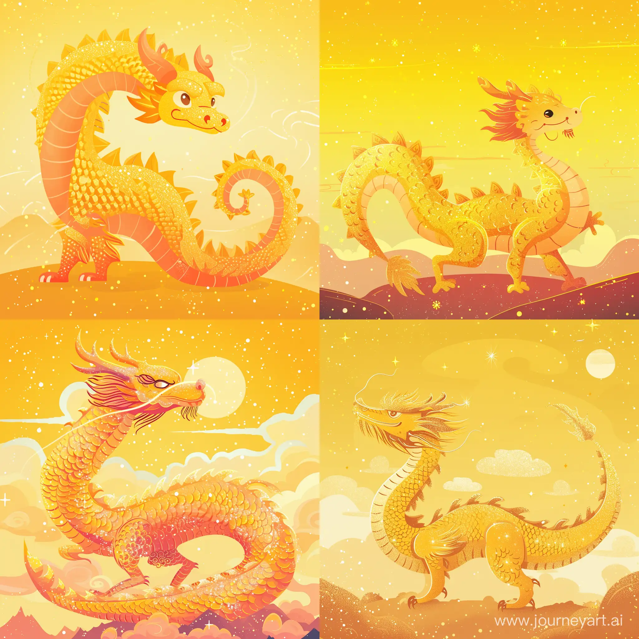 Chinese New Year, New Year Dragon, golden dragon, glitter, sacred, yellow sky, mystery, fantasy, in flat style