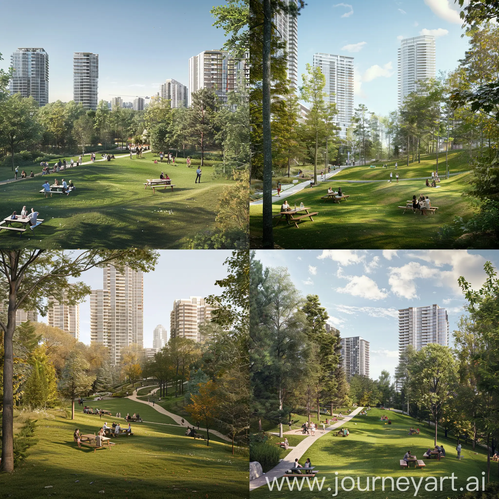 An open lawn on a slight slope surrounded by trees with condo towers in the background. People are sitting on picnic tables and talking. 