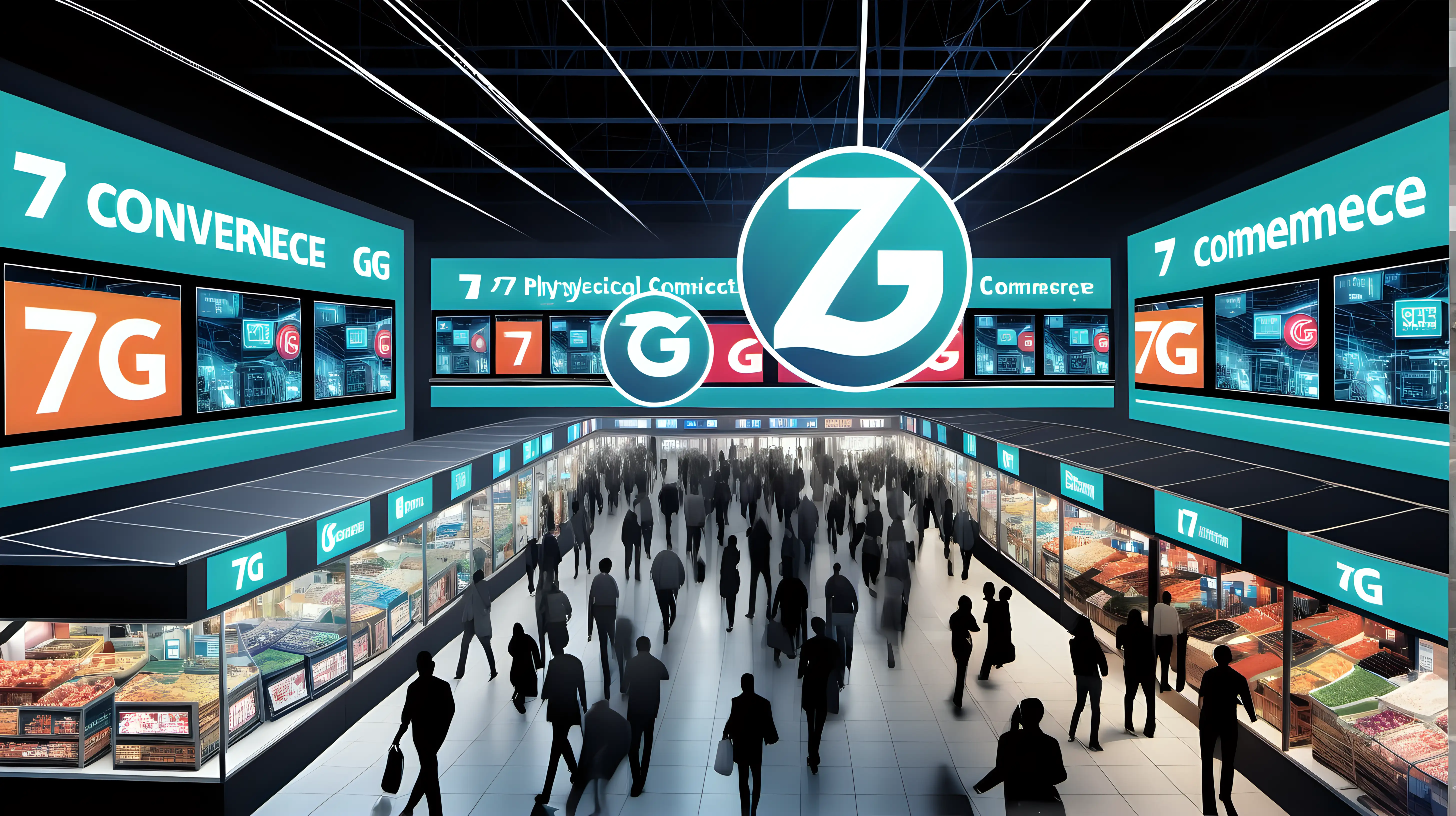 Illustrate an image of a bustling marketplace with digital screens displaying the "7G" logo, showcasing the convergence of physical and digital commerce enabled by advanced connectivity.