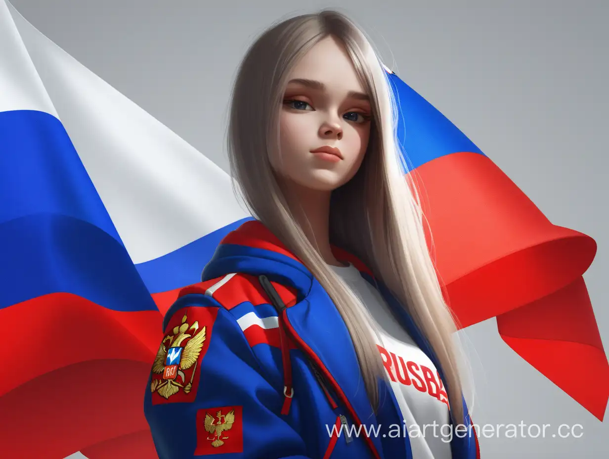 русская девушка с флагом российской федерации в стиле хардбасс