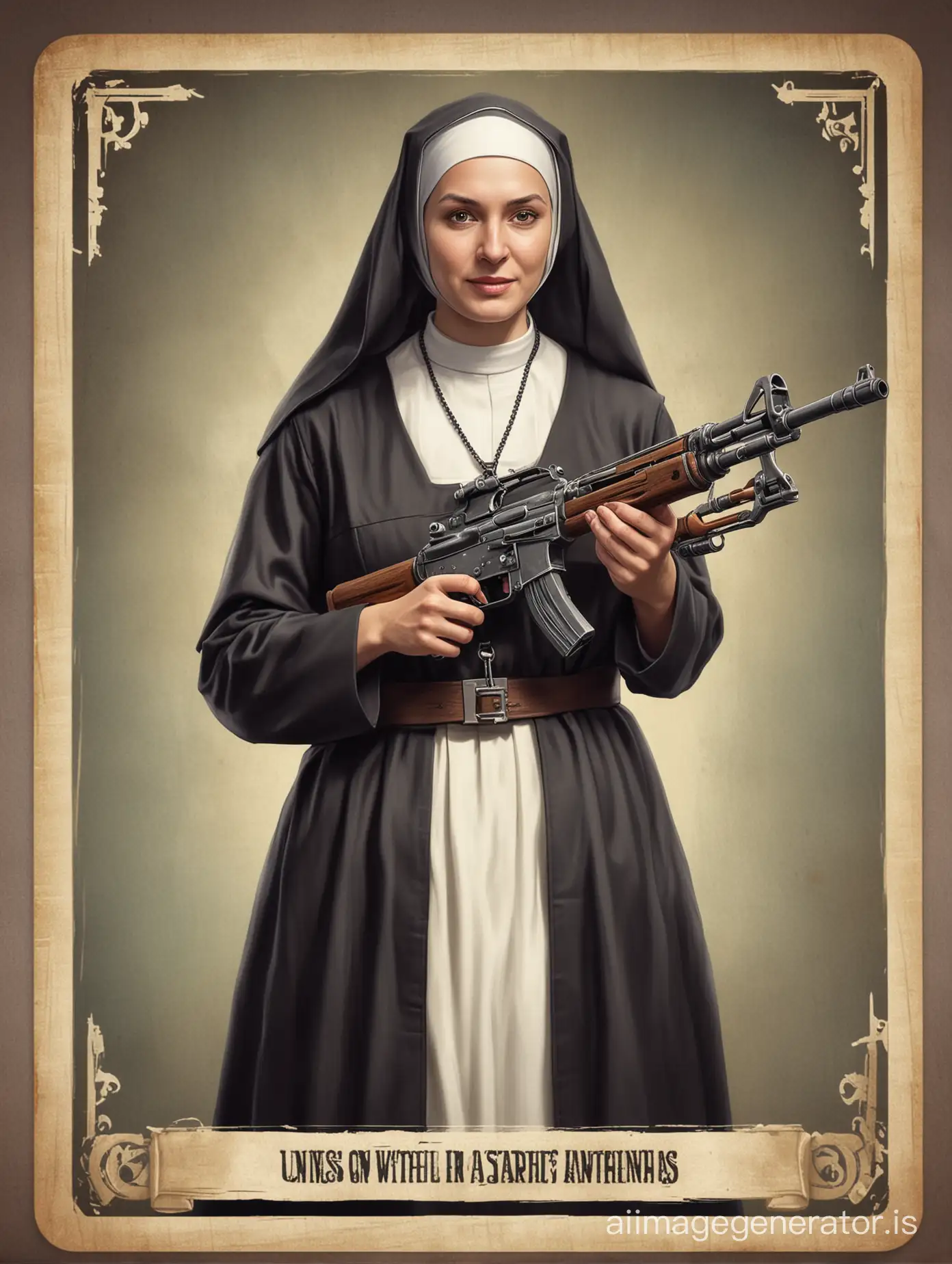 create a board game card depicting a nun with a machine gun