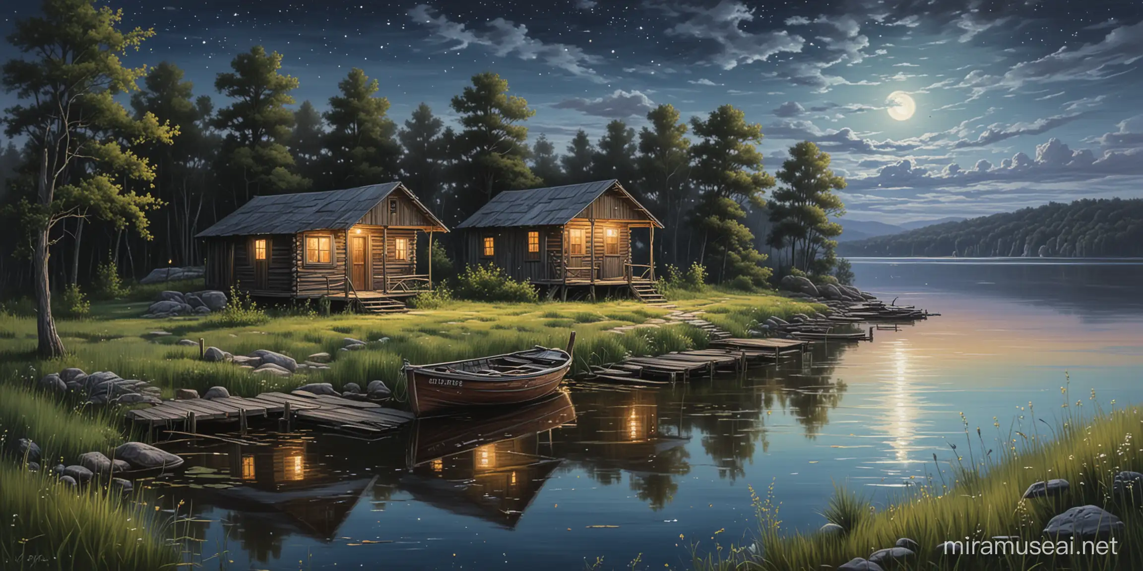 oil painting, 4 old cabins,  moonlight, stars, fireflies, Clear sky, few clouds, rock shoreline, old pier and attached old boat, weeds in lake, grassy area