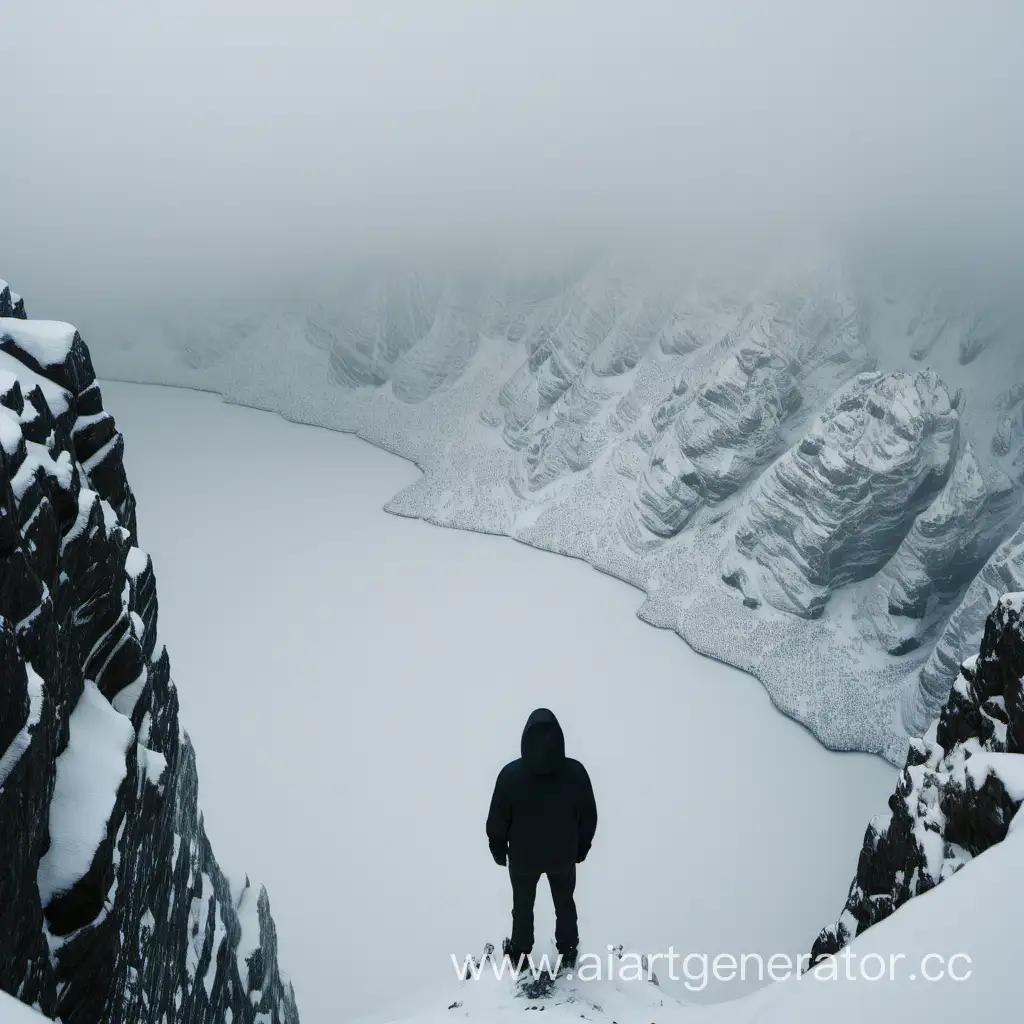 Человек стоит на снежной горе и смотрит вниз в пропасть