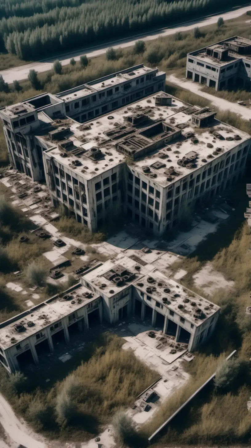 Close-up abandoned military base during a war, shot by a drone with a high quality camera, war style, hyper realistic photography, ultra detailed