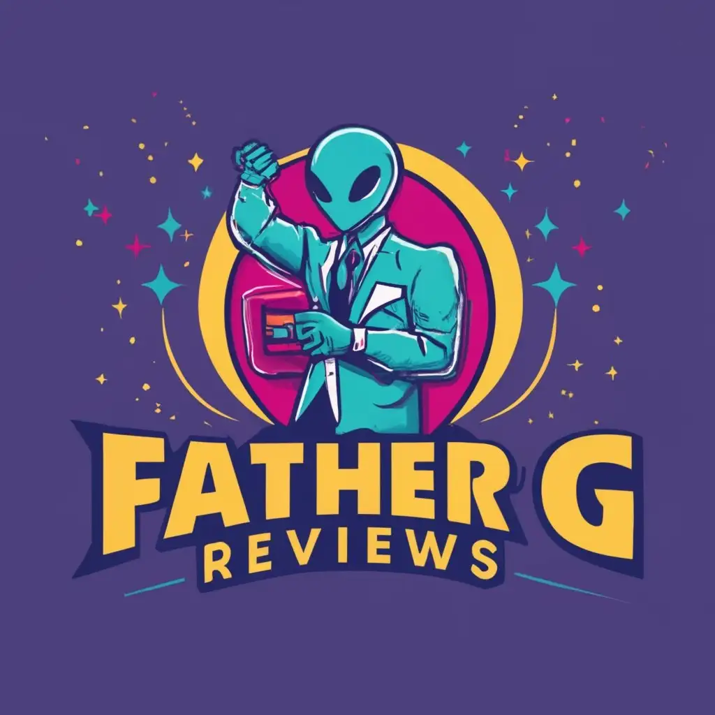 logo, Alien praises in suit kickboxing with logo sign, with the text "Father G Reviews", typography, be used in Nonprofit industry