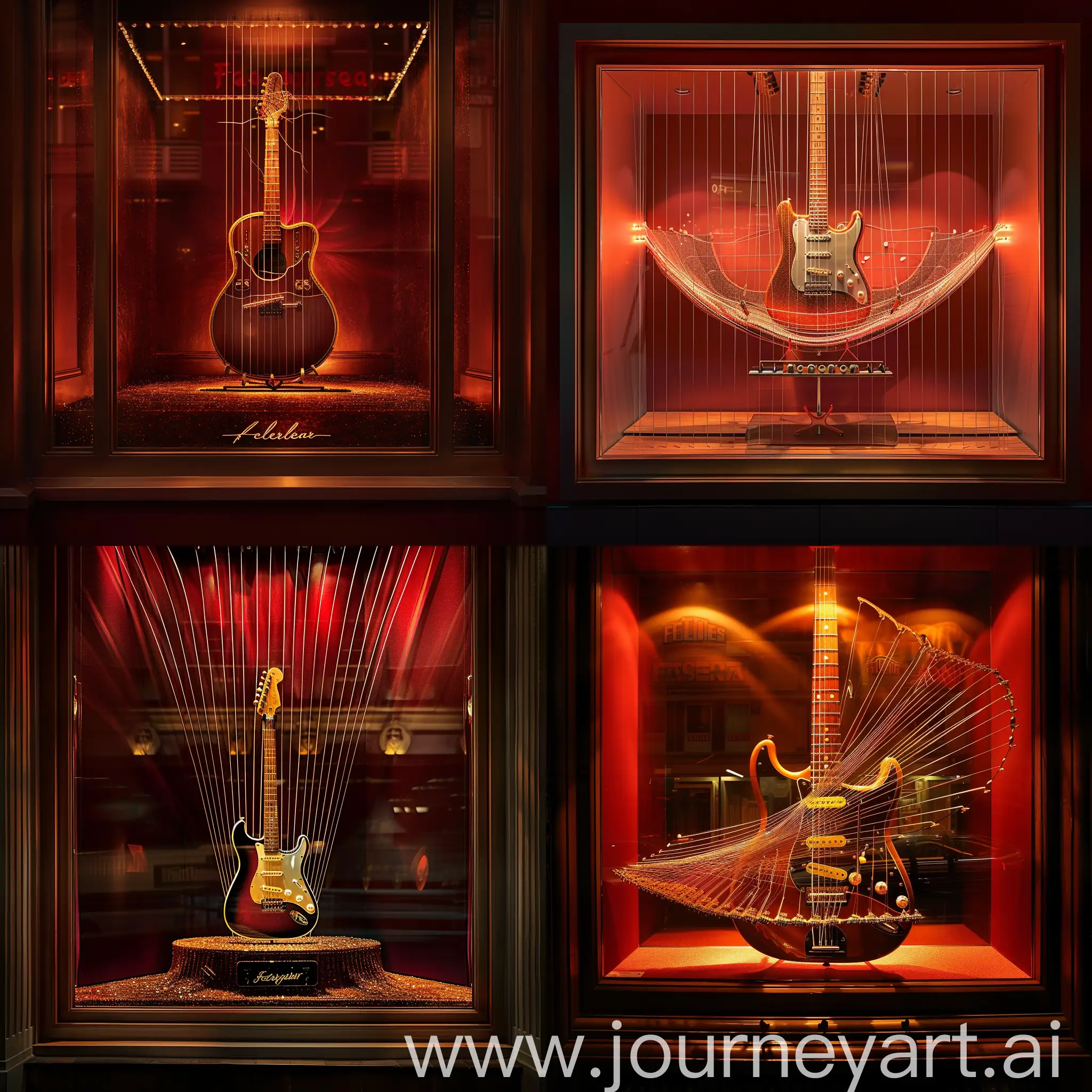 A Fender Guitars shop window  with a single guitar on its own stand, the strings of the guitar  extend from the tuning keys to the ceiling of the window  as if it has no end and resembles a musical amphitheater. The background is dark red with warm lighting .