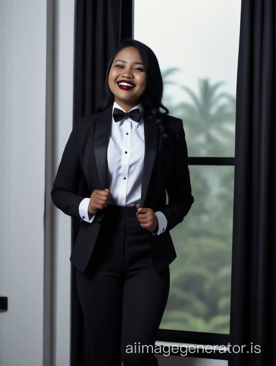 In a dark room, a smiling and laughing Indonesian woman with dark skin, long black hair, and lipstick is standing near a window. It is dark outside. She is wearing a tuxedo with a black jacket and black pants. Her shirt is white with black cufflinks. Her bowtie is black. Her jacket is open. She is facing forward.