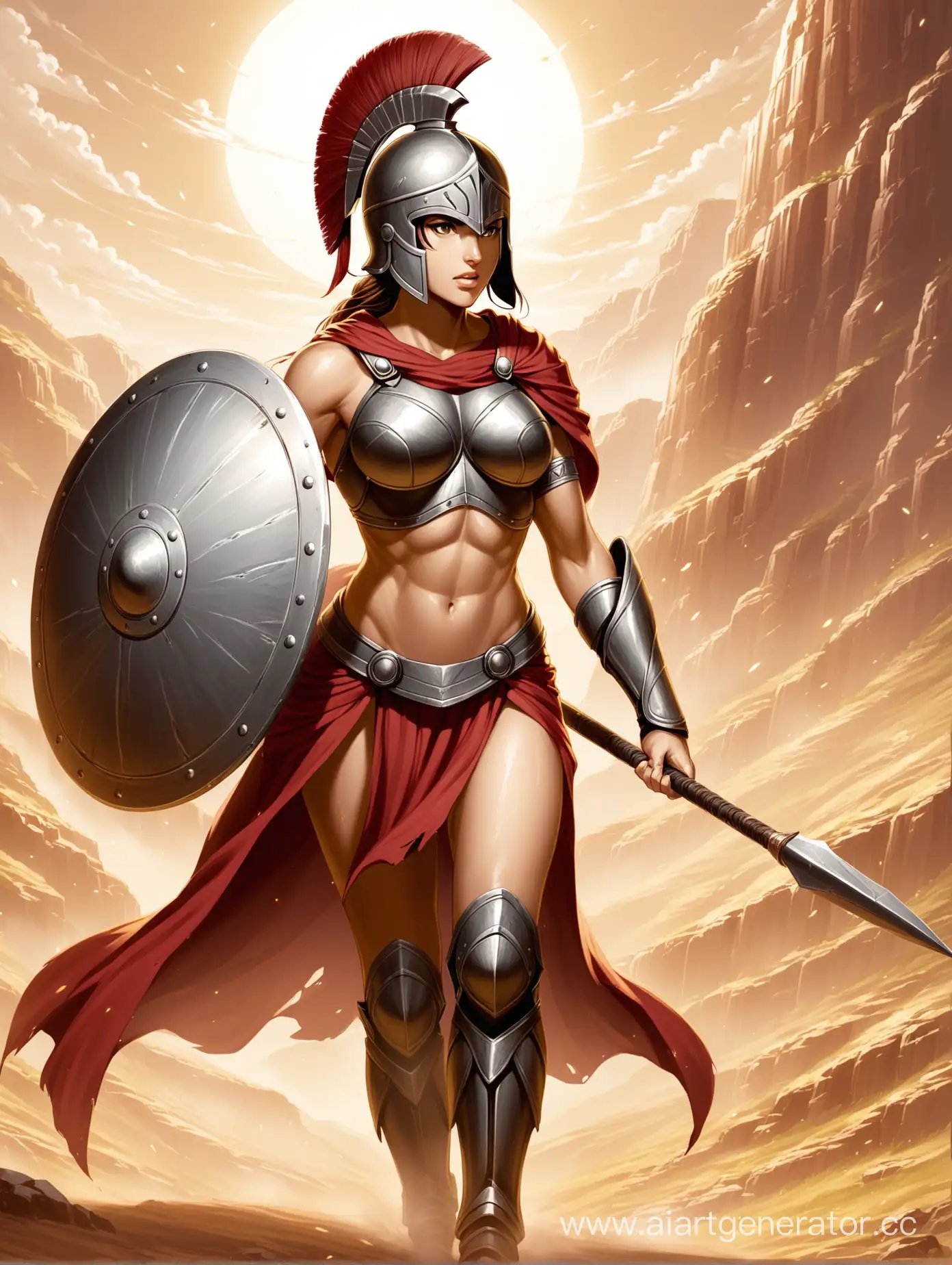 Девушка спартанка с копьём и круглым щитом