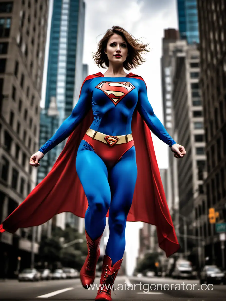 The central focus is a happy, confident woman of 21 years, very pretty, exuding strength and power. Her impressive physique features extremely developed muscles across her arms, legs, chest, and abdomen, accentuated by her large breasts. She embodies a superhero persona, radiating heroism and might. The portrayal captures her in a full-body Superman costume, showcasing a matte spandex texture. The blue leggings and sleeves contrast with the iconic red briefs, red boots, and a long, flowing cape, evoking the classic Superman look. This composition portrays the woman as flying through the air, high above a city, with arms outstretched in front of her, to create a vibrant and dynamic moment that embodies the strength and heroism associated with the Superman character.