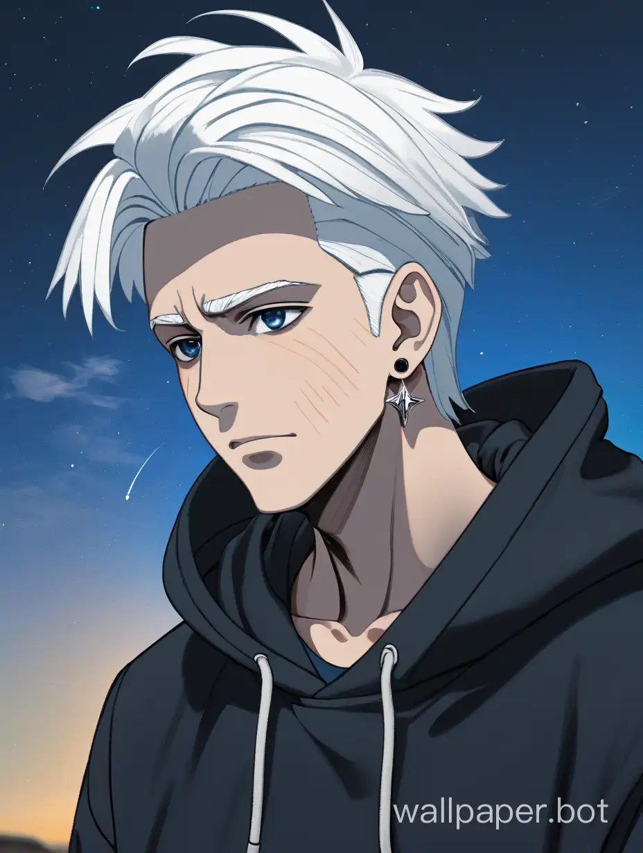A guy with white hair wearing a black hoodie and earrings falling perfectly horizontally in a dark blue sky
