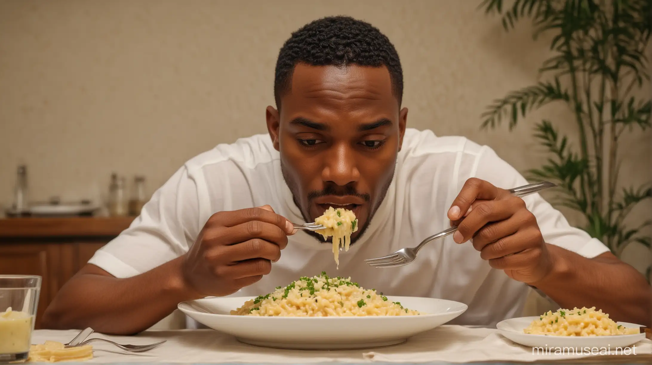 one black man with short twisted hair taking a bite of risotto on a fork at his dining room table in the evening time, not looking into the camera