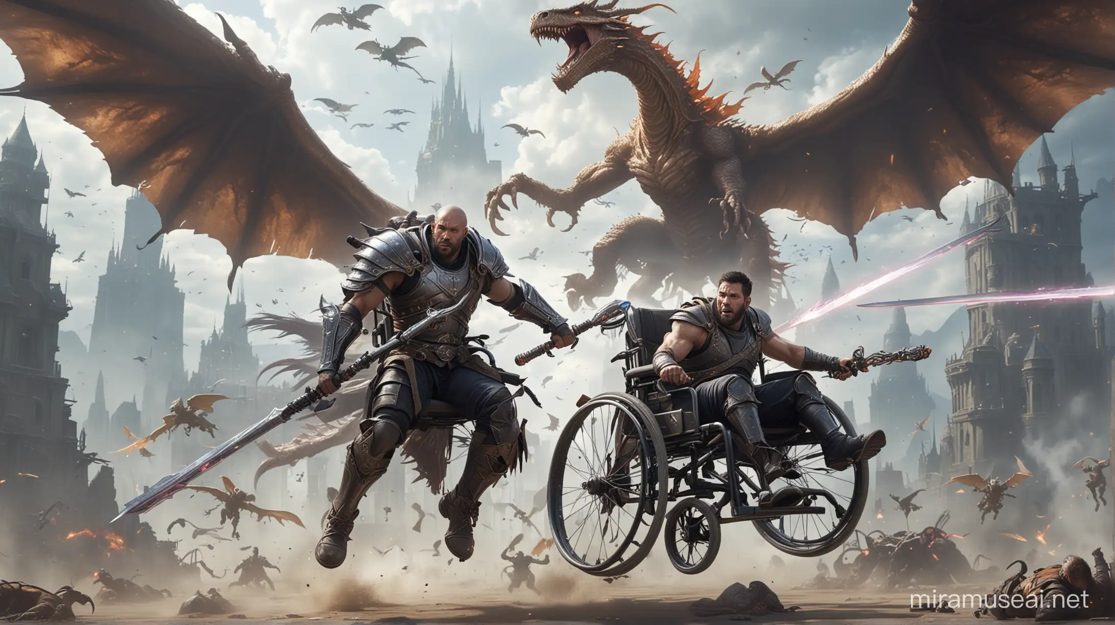 Disabled warrior with paralyzed legs stuck in a wheelchair, fighting flying monsters using a magical sword