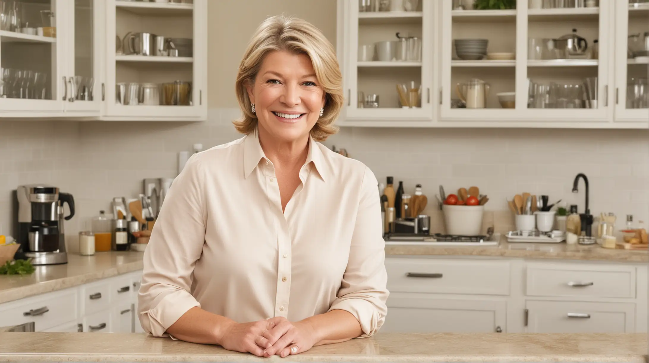 Happy Martha Stewart Look Alike Cooking in a Sunlit Kitchen