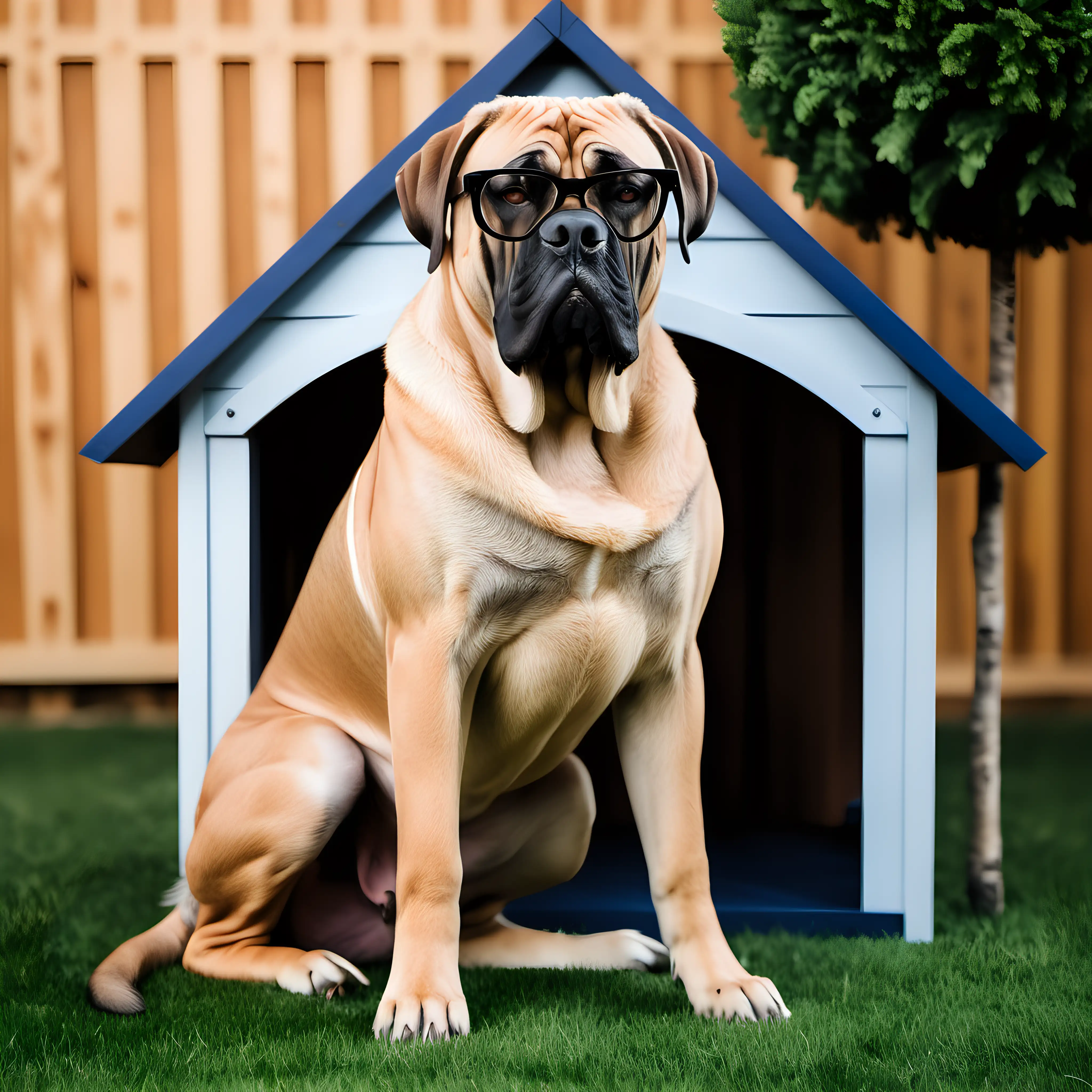 handsome bullmastiff wearing glasses with fancy dog house in background

