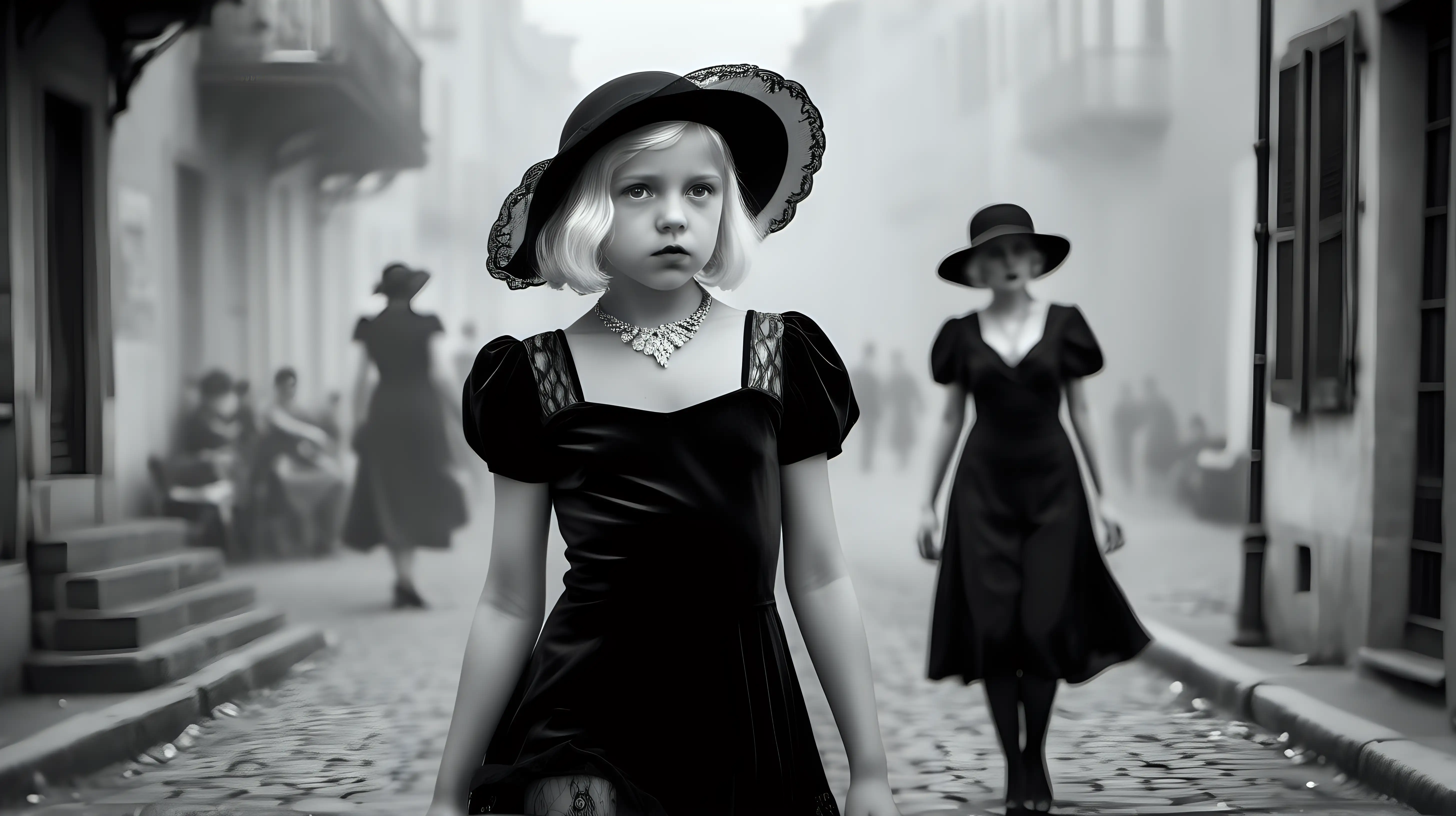 photo of a young little 8yr girl
Black and white photography
fog
diffuse light 
hd ,8k,realistic,photorealistic,photography,ultra-detailled,high resolution,Canon Eos R5,dslr,ISO 100,Shutter speed 1/1000

A wealthy young little 8yr girl, she is wearing a fancy black velvet high necked long sleeved 1930s gown, she is wearing a black leather short dress, she has white-blonde hair and pale  eyes, she is wearing a black lace hat, she is walking down a historic French city waterfront street, she has an angry expression, behind her are two younger white-blonde women in short-sleeved black 1930s voile white dress,black nylon tights, and heels stiletto, diamonds necklace, cigarette