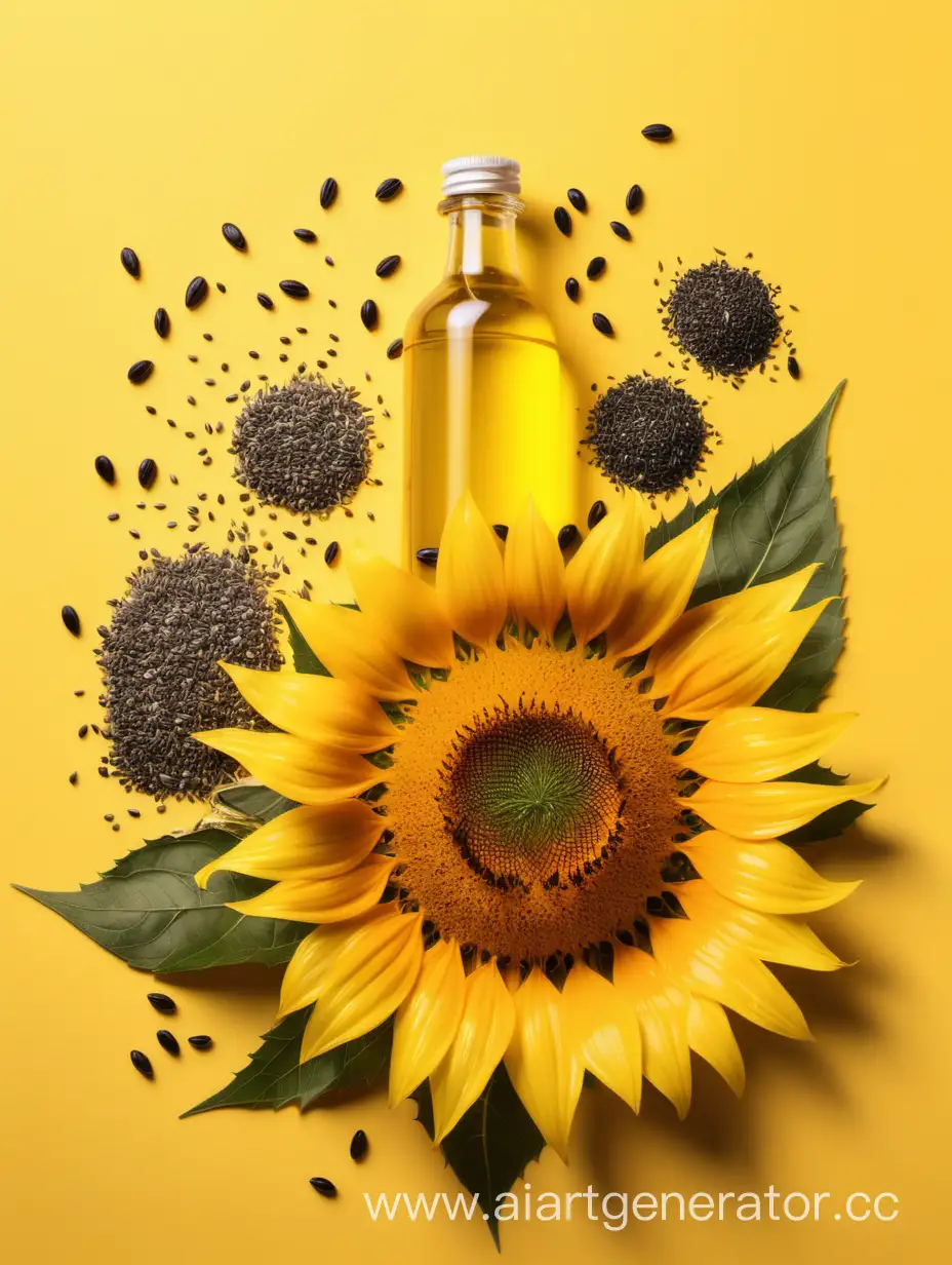 Sunflower with oil and seed on yellow background
