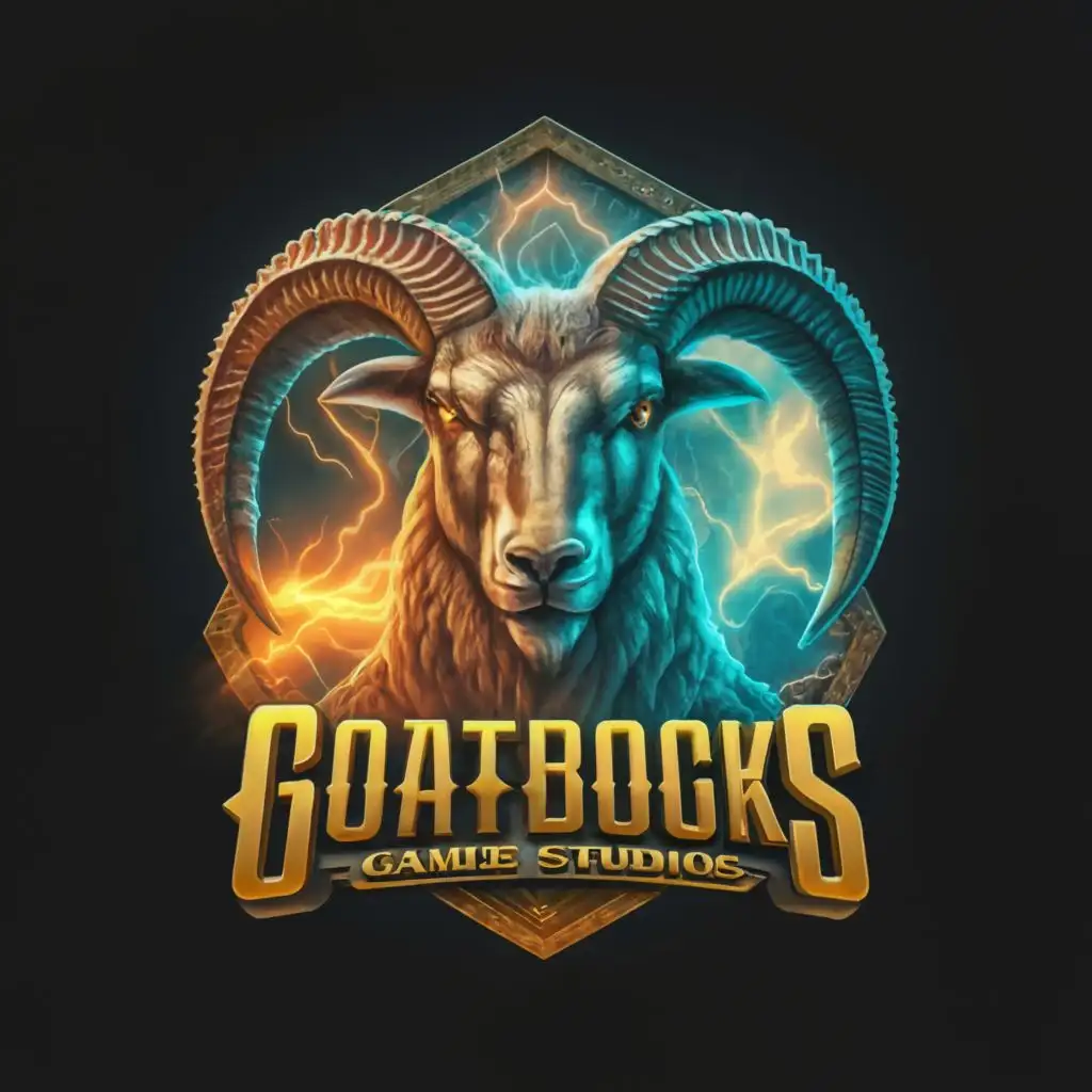 a logo design,with the text "GoatBocks GameStudios", main symbol:hyperrealistic ram head hyperrealistic lightning hyperrealistic Mountain evil dark film