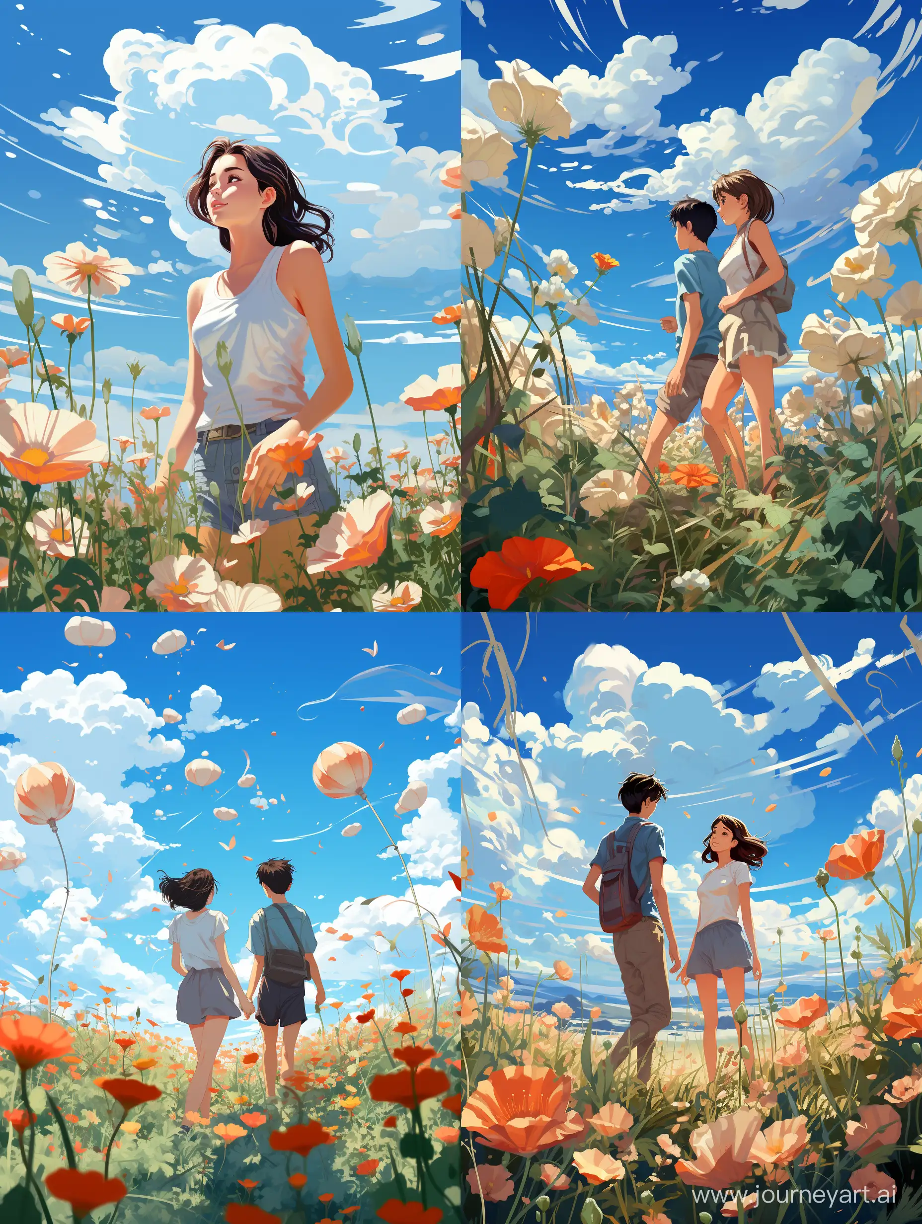 Summer, two teenagers, playing, sea of flowers, blue sky, advanced sense of color scheme, national trendy illustration, 8k, rich details, super wide angle, natural lighting, minimalism --s 400