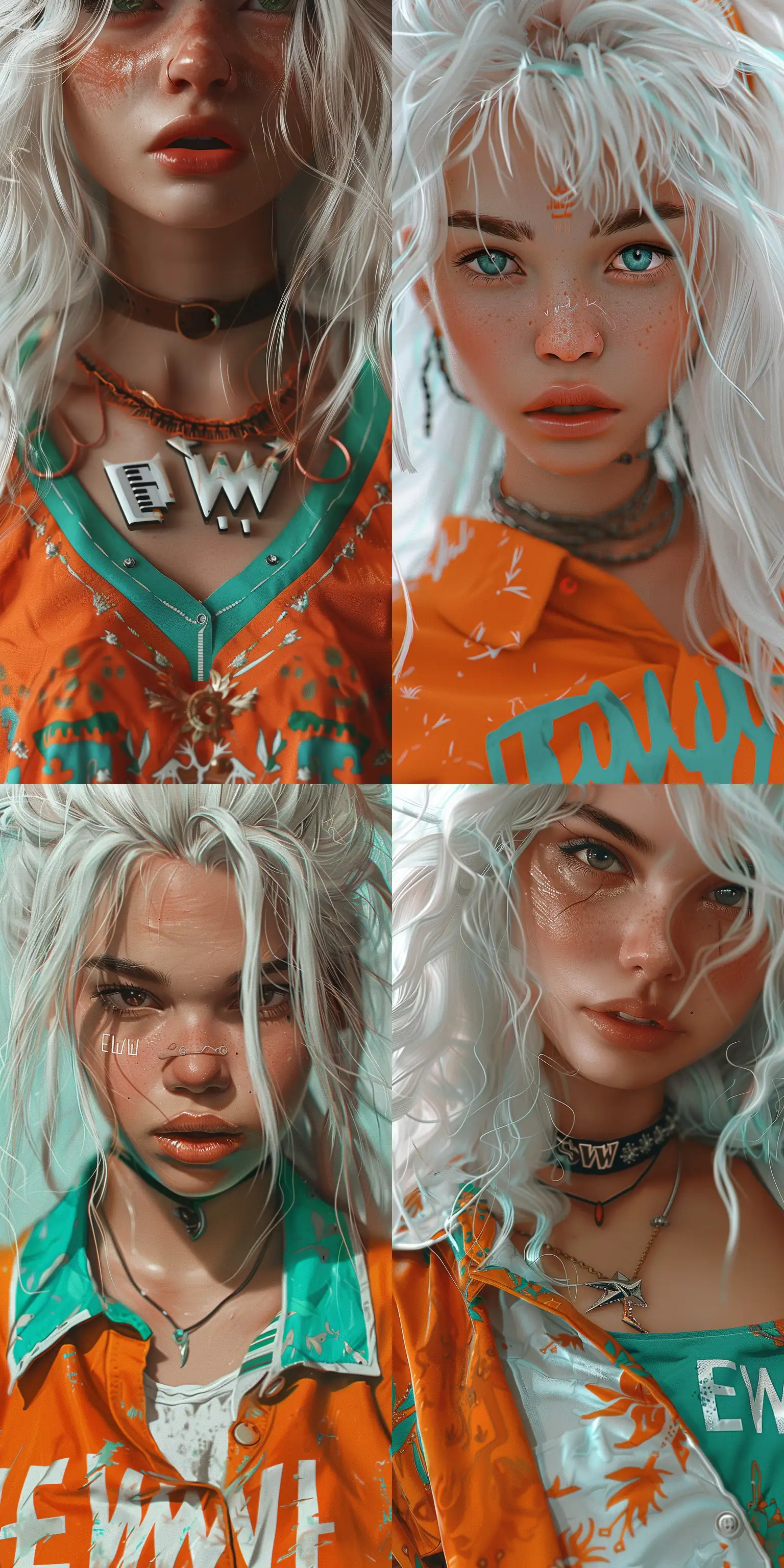 closeup of a girl with white hair and shirt with the insription "EWW" , orange and teal, in the style of Nathalie Shau, ultra realistic, realistic skin, bohemian fashion, high detail, sharp focus, beautiful digital art, --ar 1:2