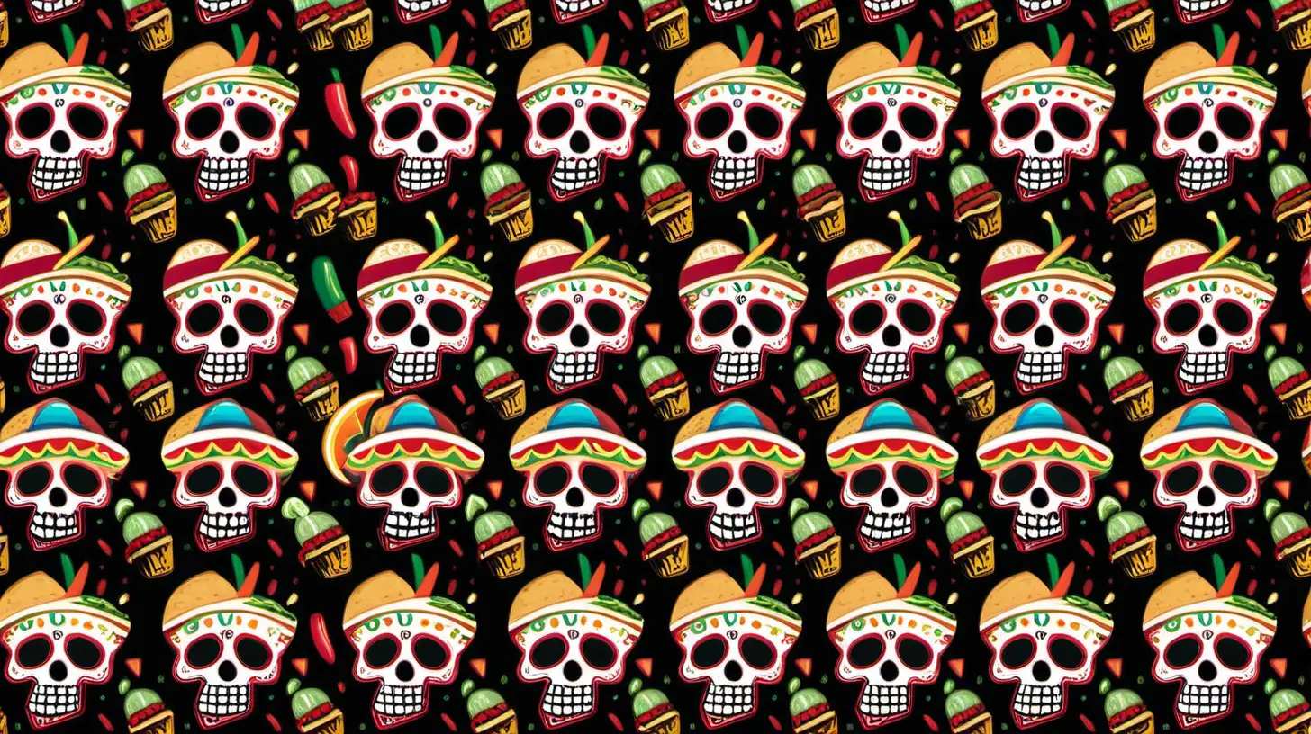 Cinco de Mayo-inspired skulls and tacos pattern, presented in a 16:9 aspect ratio