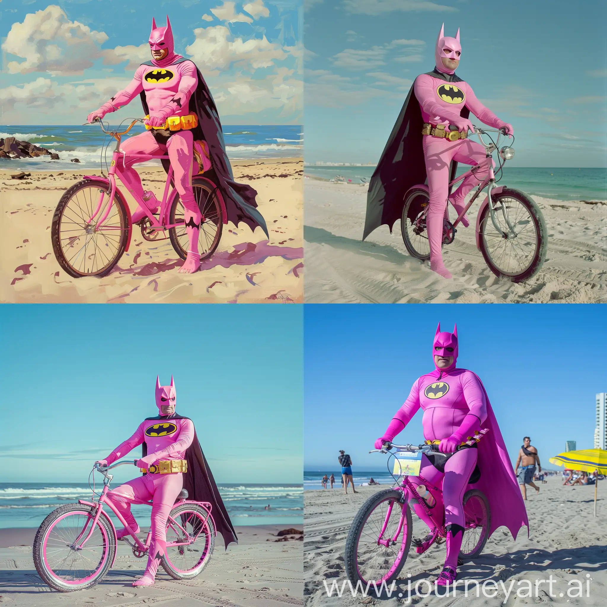 pink batman  on beach on bicylce