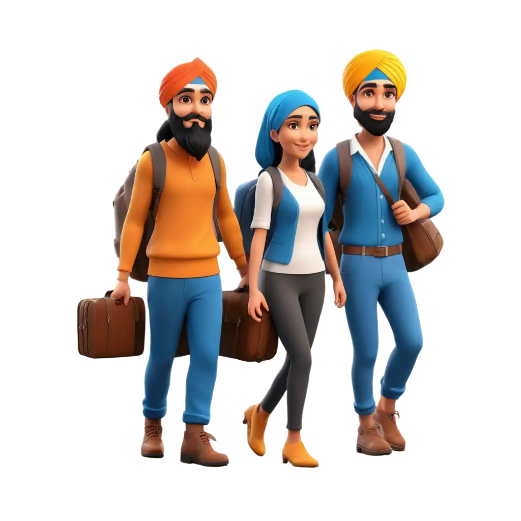 3D sikh famly with travel bags