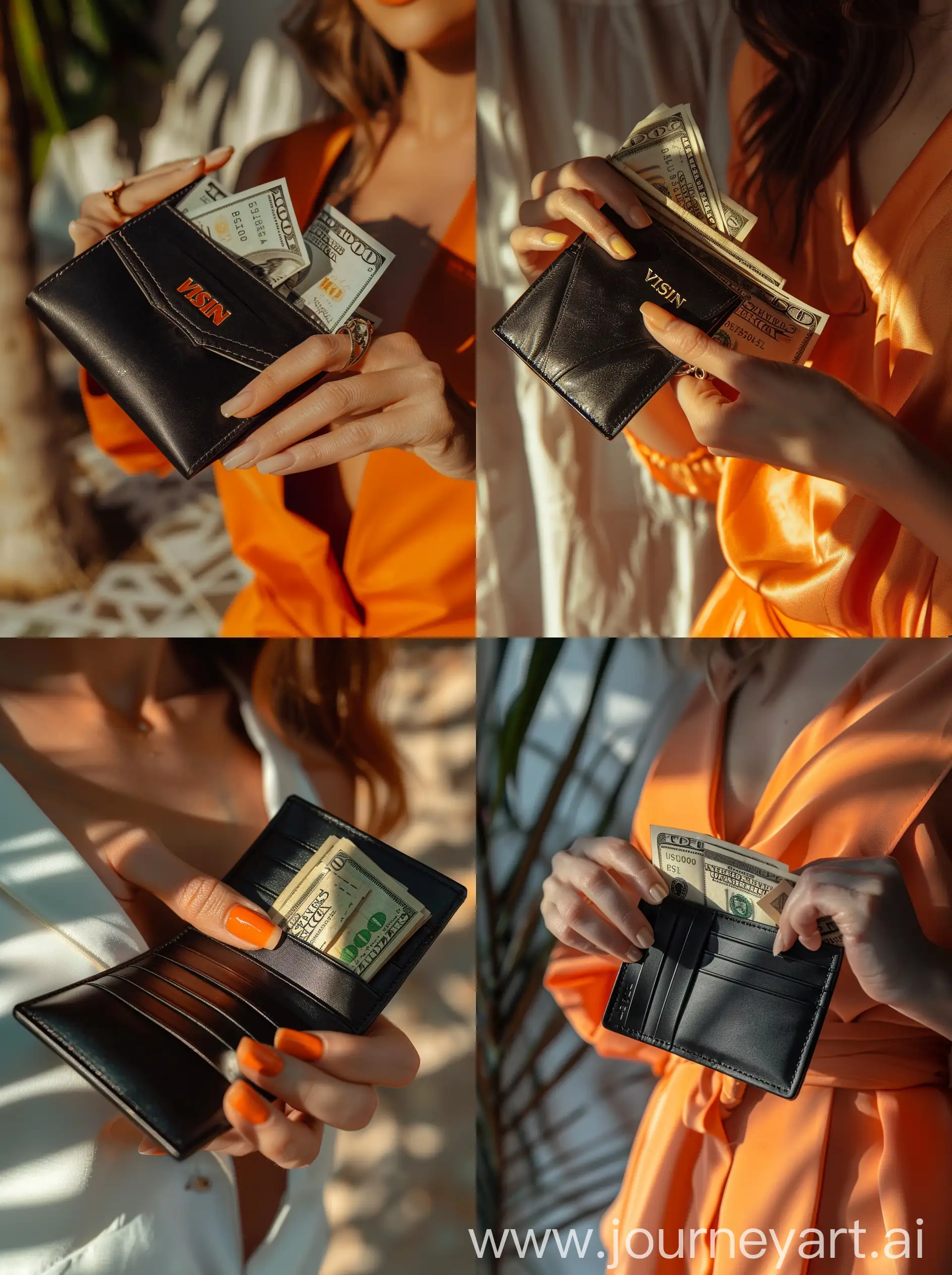 A woman holding one Black Vissin Leather Women's Wallet with 100-dollar bills coming out ,summer breeze moisturising  products beauty and spa, in the style of romantic soft focus and ethereal light, orange and bronze, urban decay realism, #vfxfriday , desertwave, matte photo, floralpunk --ar 35:47 --v 6.0
