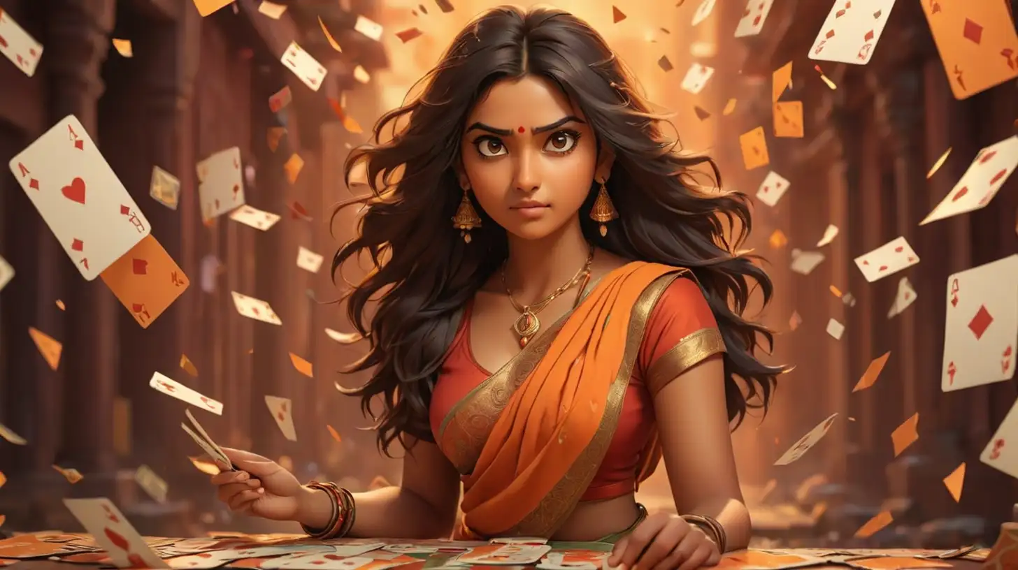 casion banner ,人物集中在右边，一个印度性感女生，飞散的卡牌和有氛围感的背景，红橙色的色调，逼真，4k高清，