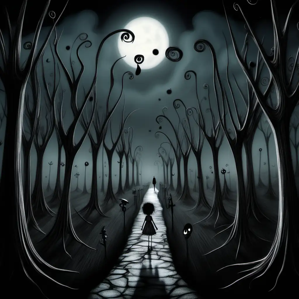Tim Burton Inspired Surreal Scene with Whimsical Characters