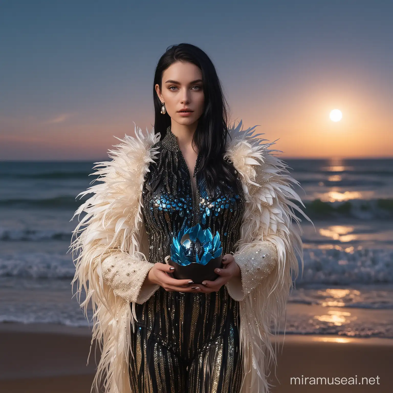 A white skinned woman model holding a metallic black blue colored tiny dragon inside a golden eggshell, pearl iridescent, wearing metallic black shiny Schiapirelli inspired couture feather jacket, silver shiny crone, extreme long black hair, wes anderson color palette, night with huge moon beach background, 35mm photography