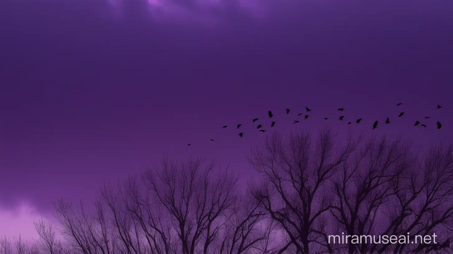 purple sky with tree crowns and crows