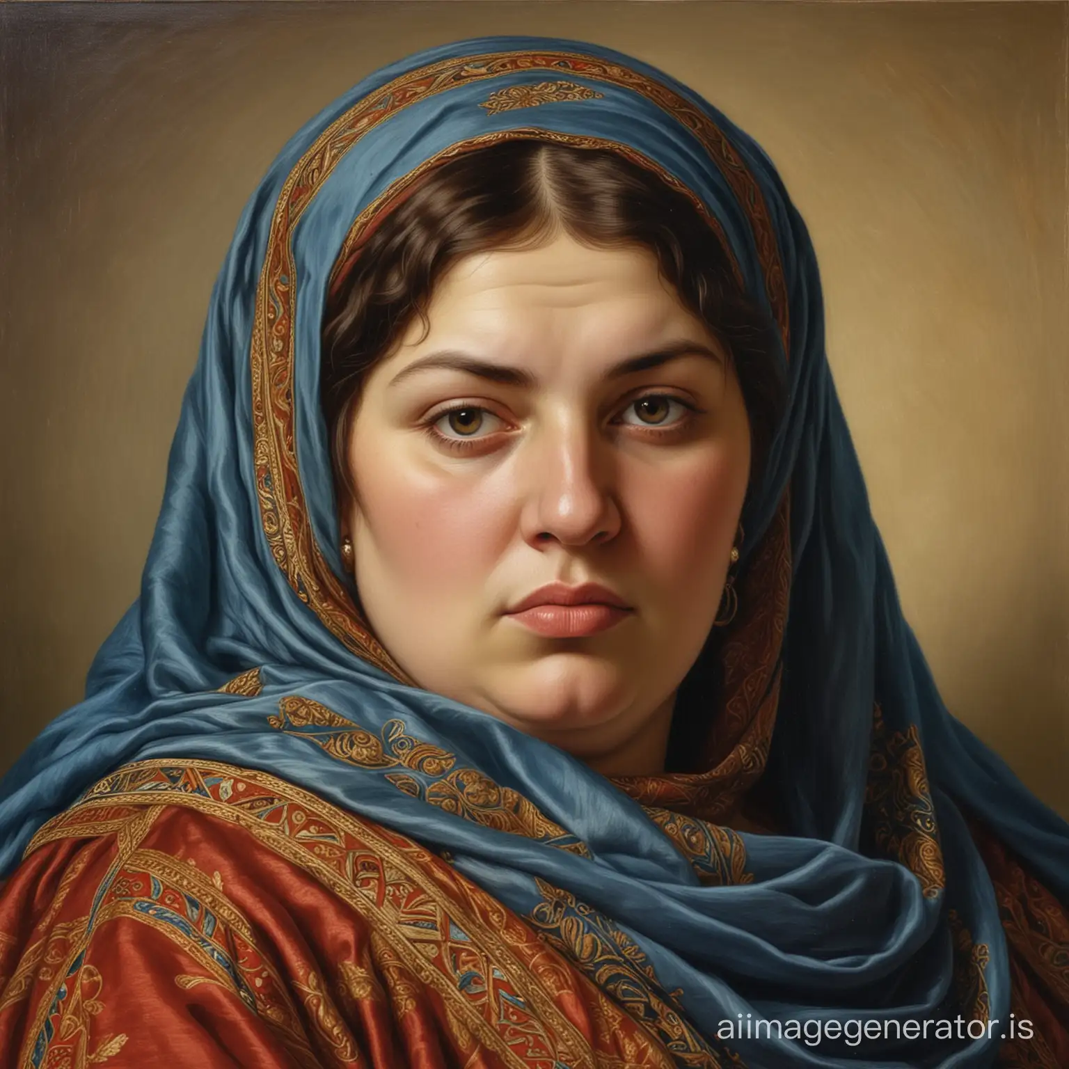 A pre raphaelite oil portrait of an overweight spanish woman living in the early 10th century, she wears a silk hijab