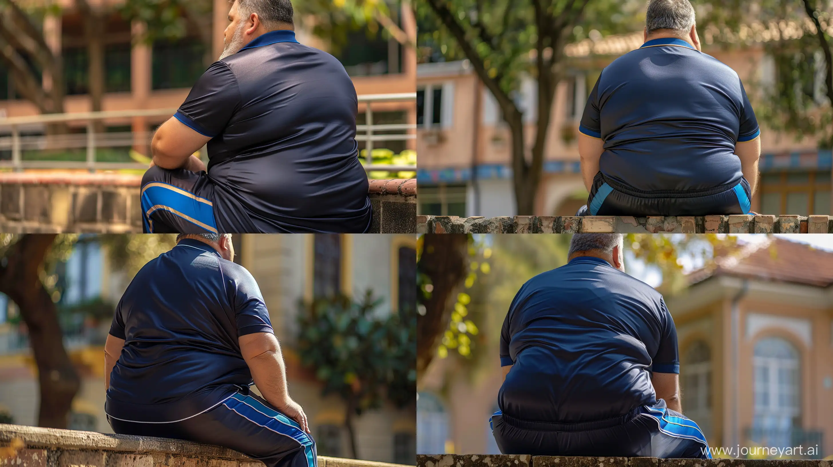 Back view close-up photo of a fat man aged 60 wearing silk navy tracksuit pants with royal blue stripe on the leg and a tucked sport polo shirt. Sitting on a wall outside. --style raw --ar 16:9