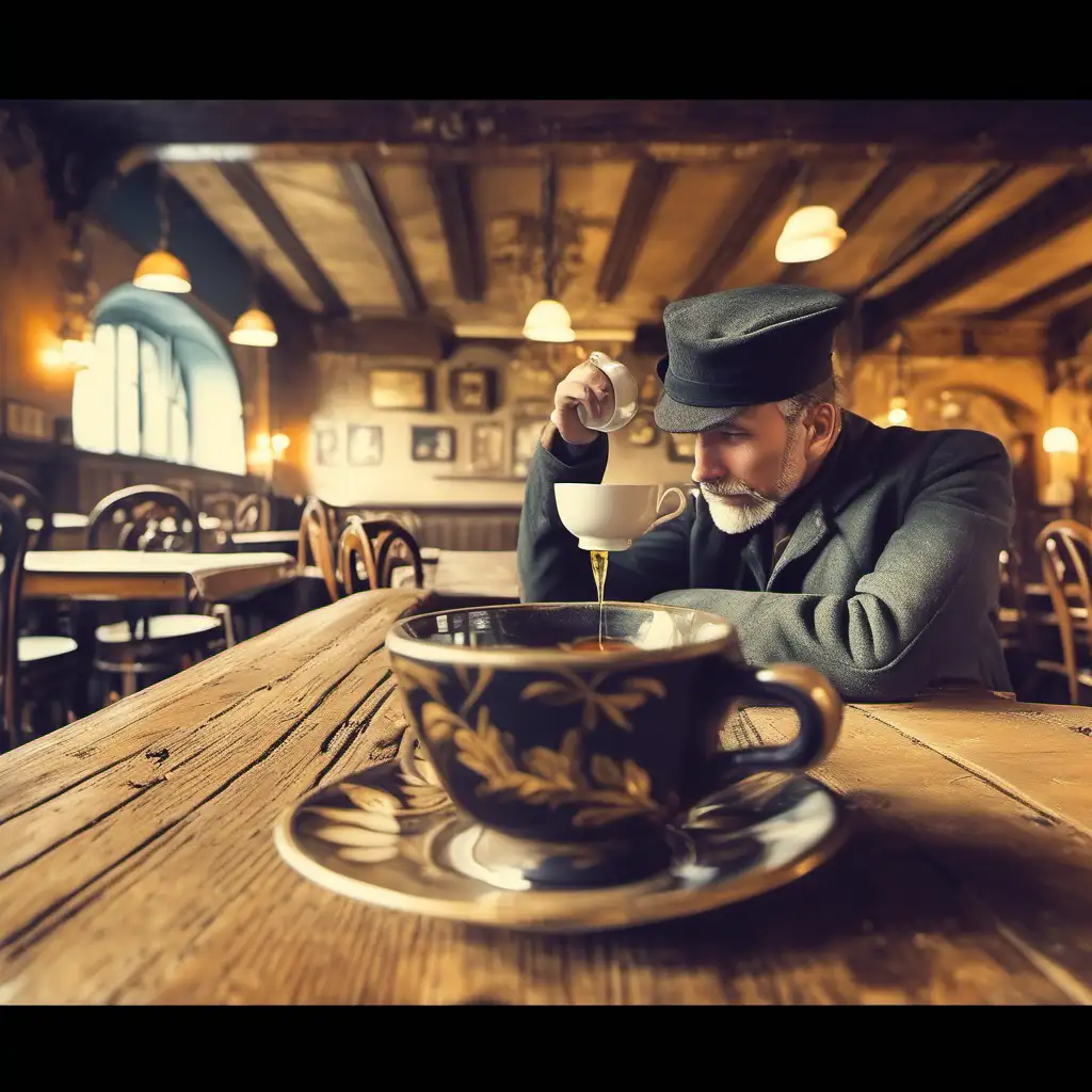 A man drinking tea in old ancient cafe 