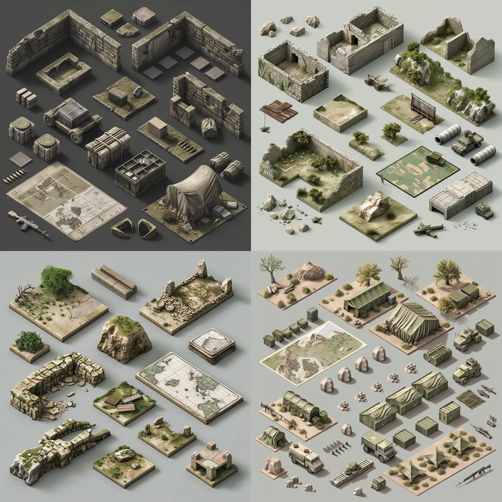 isometric set, realistic worn military cartographic kit military map, 3d render, grim