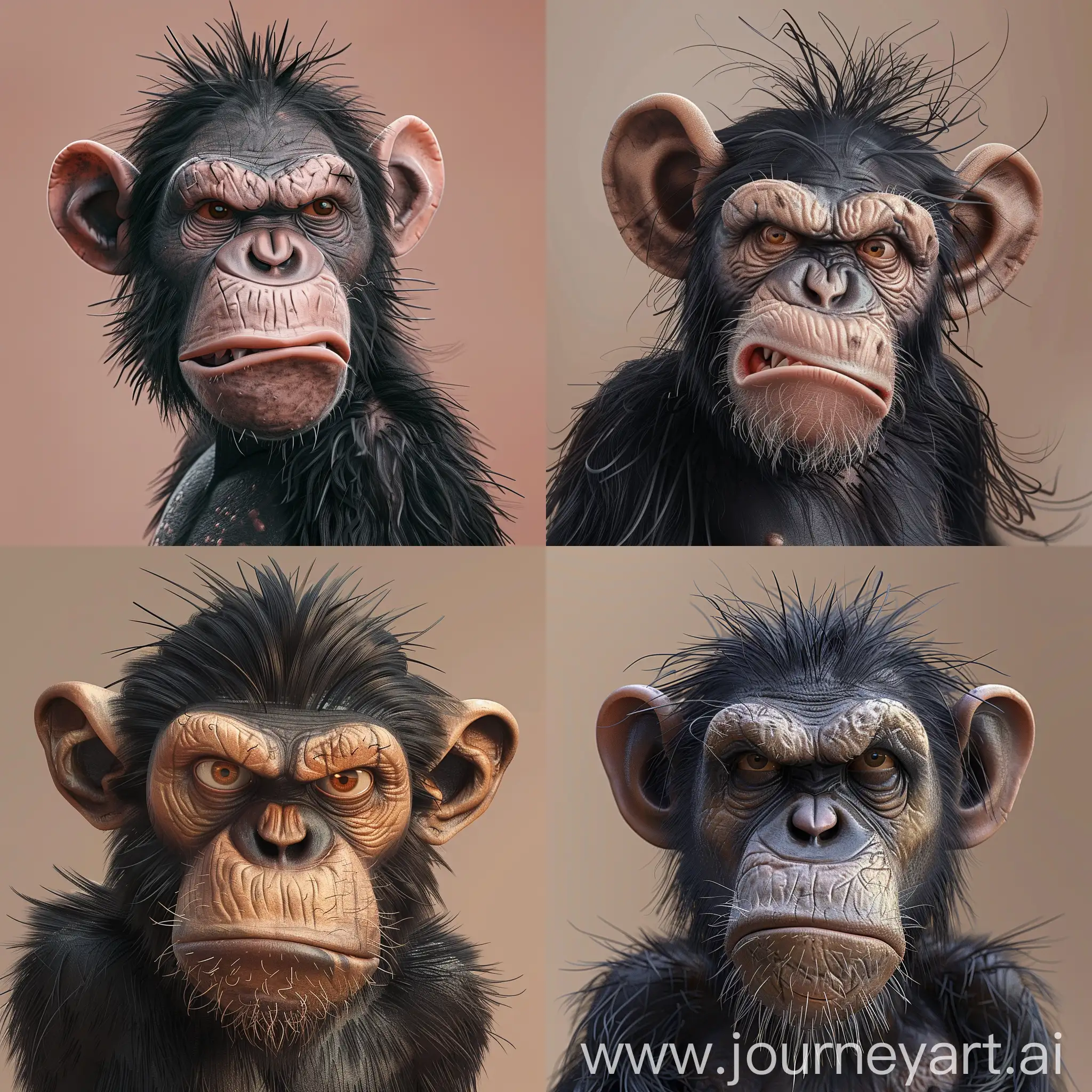 Realistic 3D drawing type image where you see a chimpanzee monkey, the expression of its angry face with the mouth closed twisted to the side, with long spiked black hair and disheveled on the head of the head, , the eyebrows are prominent, the ears are very large, , with large brown eyes the background of the image that is a light brown color