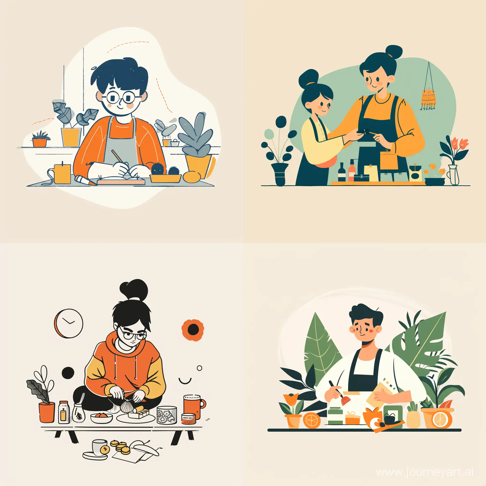 illustration a minimal graphic image "Show a student who makes handmade goods and earns money from it." with plain color background
