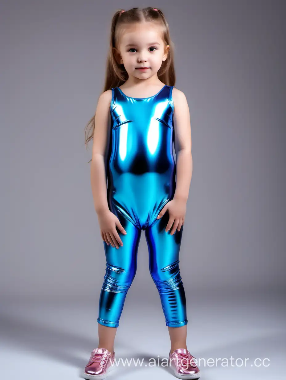 little girl in a jumpsuit , glossy , tight , smooth , made of glossy fabric