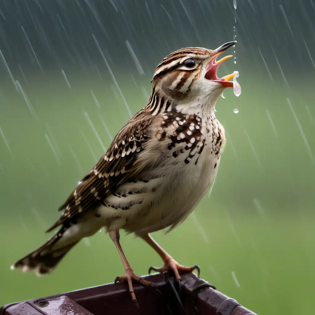 A skylark singing in the rain. Show Cuckoo in a happy mood and display vibrations coming out of her mouth.